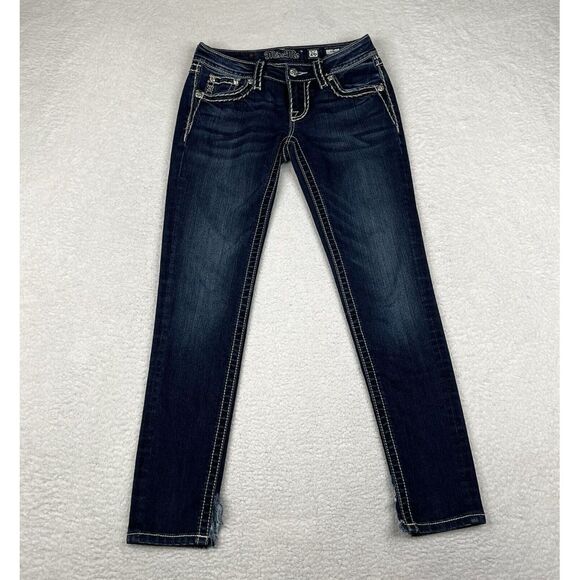 Miss Me Jeans Womens 26x28 Blue Wash Low‎ Rise Skinny Split Hem Rhinestone Denim - Picture 1 of 16